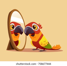 Surprised curious parrot character looking at mirror. Vector cartoon illustration