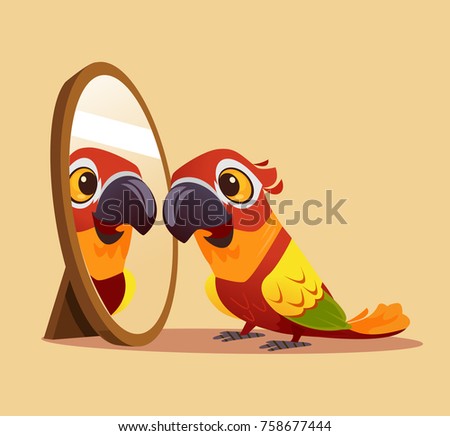 Surprised curious parrot character looking at mirror. Vector cartoon illustration