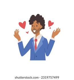 Surprised curly man in suit flat style, vector illustration isolated on white background. Amazed from love character, decorative design element, hearts and positive emotions