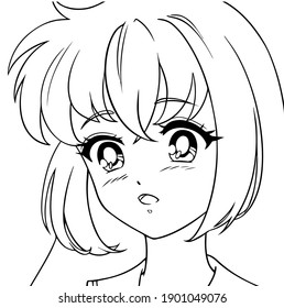 Surprised cute anime girl icon portrait. Contour vector illustration. Black lines isolated on white.