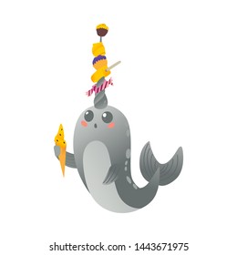 Surprised and cute cartoon gray narwhal with ice cream, candy and sweets on his horn. Cute sea unicorn with gradient, cartoon animal and narwhal, isolated vector illustration on white background.
