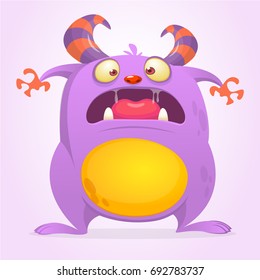 Surprised cute cartoon monster. Halloween vector illustration of violet monster mascot.