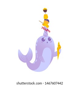 Surprised and cute cartoon purple and blue narwhal with ice cream, candy and sweets on his horn, isolated vector illustration on white background.