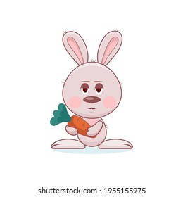 Surprised cute gray rabbit or hare with long ears, big ears and pink cheeks looks in surprise, holding an orange carrot in his paws, vector image of an emoticon, eps 10, isolated on white