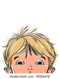 Surprised cute little boy face with wide open blue eyes, vector illustration with place for your text.