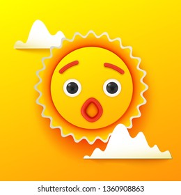 Surprised cute shinny sun icon with clouds. Looking with his cartoone eyes. Open mouth. Vector graphic illustration. Paper art cut out style. Hot summer concept.