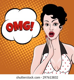 Surprised or dazed young girl with black eyes in polka dot dress and thought bubble with lettering OMG! Comic Pop Art Style.