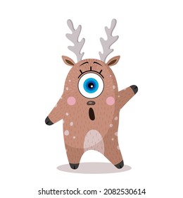 Surprised deer. A one-eyed character in a flat style. Isolated on a white background. Made in vector. For design, prints, decoration of T-shirts, covers, packages, souvenirs