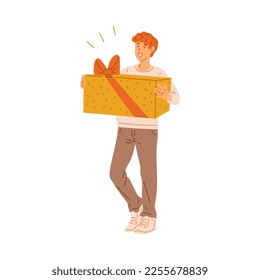 Surprised delighted man carrying huge gift box. Surprise, unexpected astonishing gift and reward concept, flat vector illustration isolated on white background.