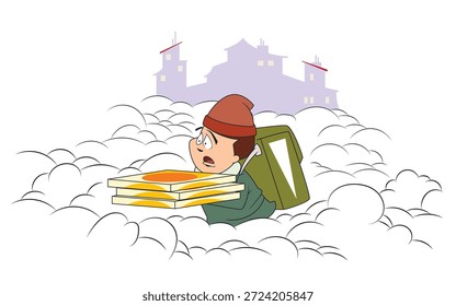 Um entregador surpreso perdido na neve. Gente engraçada. Conceito de ilustração para desenvolvimento de site e site móvel.