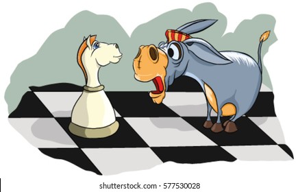 Surprised a donkey looks at chess knight 