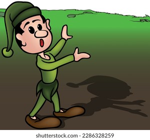 Surprised Dwarf in Green Clothes with Raised Hands from Side View - Colored Cartoon Illustration with Background, Vector