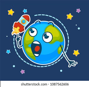 Surprised Earth and spaceship that flies around orbit