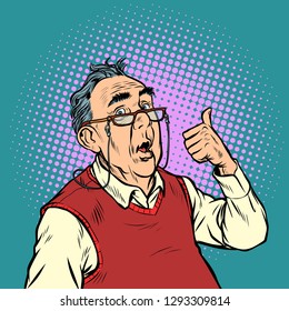 surprised elderly man with glasses thumb up like. Pop art retro vector illustration vintage kitsch