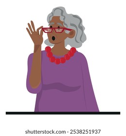 Surprised elderly woman wearing a purple blouse, raising her glasses. Senior female character with an expression of astonishment or disbelief, conveying emotions and reactions. Cartoon Vector Illustra