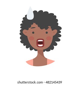 Surprised Emoji character. Cartoon style emotion icons. Isolated girl avatars with shock facial expressions. Flat illustration black women's emotional face. Hand drawn vector drawing emoticon