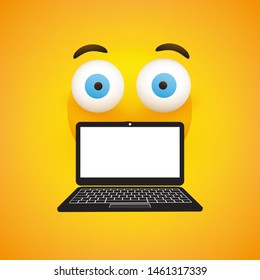 Surprised Emoji, Emoticon with Pop Out Eyes and  Laptop Computer on Yellow Background - Vector Design