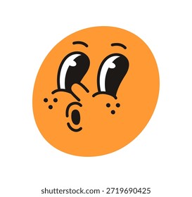 Cara de emoji sorprendida. Lindo personaje cómico redondo con pecas, ojos mirando a un lado en asombro, emoción, expresión. Divertido sol asombrado. Ilustración vectorial plana aislada sobre fondo blanco