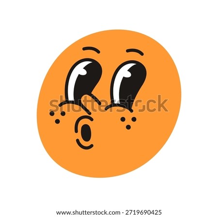 Surprised emoji face. Cute comic round character with freckles, eyes looking aside in astonishment emotion, expression. Funny amazed sun. Flat vector illustration isolated on white background