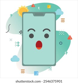Surprised Emoji on a Smartphone Screen: Modern Illustration Design with a Creative Touch of Colorful Geometric Elements | Surprised Emoji Icon Design on Smartphone Screen