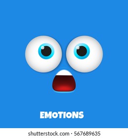 Surprised emoticon. Emoji face with wide open eyes and open mouth isolated on blue background