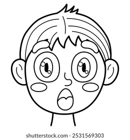 Surprised emotion face in black and white. Little boy outline clipart with shock emotional expression. Feeling concept vector illustration