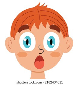 Surprised emotion face. Little boy clipart with shock emotional expression. Feeling concept vector illustration