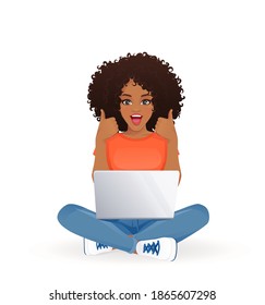 Surprised excited african woman using laptop computer, showing thumbs up, sitting in lotus pose with crossed legs isolated vector illustration