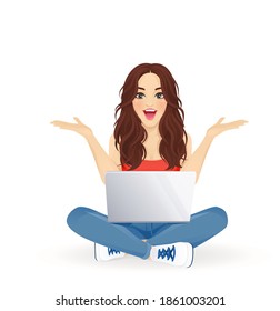 Surprised excited beautiful woman using laptop computer sitting in lotus pose with crossed legs isolated vector illustration