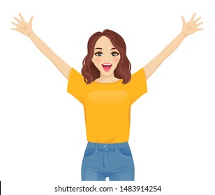 Surprised excited cute young woman in jeans isolated vector illustration