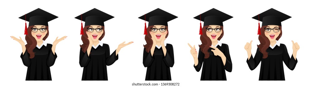 Surprised excited student girl with hat of graduation on head collection isolated vector illustration