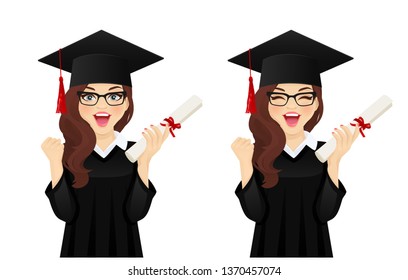 Surprised excited student girl with hat of graduation on head and diploma in hand isolated vector illustration