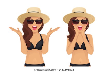 Surprised excited wave hairstyle woman in swimsuit, sunglasses and straw summer hat isolated vector illustration