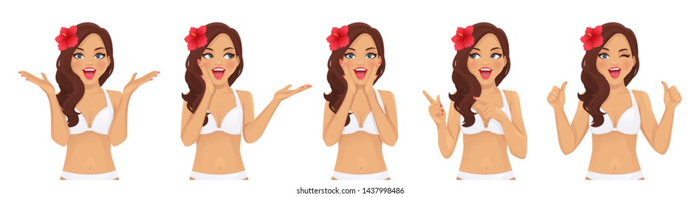 Surprised excited wave hairstyle woman in swimsuit isolated vector illustration