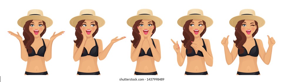 Surprised excited wave hairstyle woman in swimsuit and straw summer hat isolated vector illustration