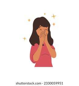 Surprised excited woman covering her face with gesture of astonishment, flat vector illustration isolated on white background. Caucasian woman happy and surprised.
