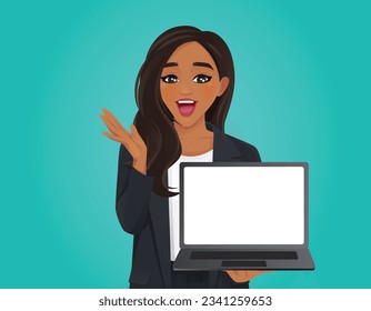 Surprised exited elegant business woman holding blank empty screen laptop pc computer isolated on blue green background vector illustration