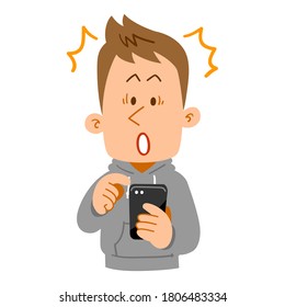 Surprised expression of a young man operating a smartphone