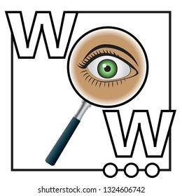 surprised eye looking into a magnifying glass. an exclamation of surprise admiration. A large font. The letter "O" replaces a magnifying glass. Vector illustration. EPS 10.