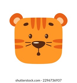 Surprised face of a cartoon tiger. Kawaii illustration of a wild animal. Simple clipart for children's design