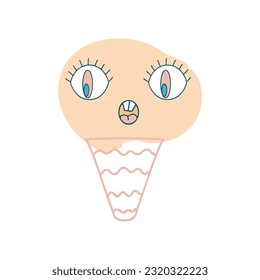 Surprised face ice cream cone character with googly eyes in retro style. Perfect print for tee, sticker, poster. Cute vector illustration for decor and design.