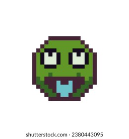 Sorprendente cara mirando hacia arriba con la lengua colgando del icono de arte de píxeles de 8 bits del personaje de caricatura del emoticono de la cabeza de la sonrisa verde. Mostrar emoción del lenguaje. Estilo plano. Ilustración vectorial aislada.