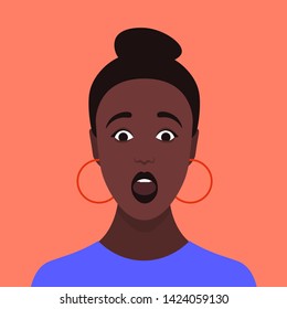 Surprised face. Portrait of an African girl. Amazement. Shock. Avatar of a young woman. Vector Flat Illustration