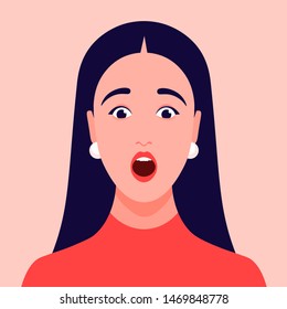 Surprised face. Portrait of a girl. Amazement. Avatar of a young woman. Vector flat Illustration