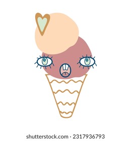 Surprised face two balls ice cream cone character with cookie heart. Perfect print for tee, sticker, poster. Funny vector illustration for decor and design.