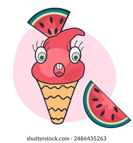 Personaje de cono de helado de sandía de cara sorprendida con ojos risitas. Impresión perfecta para la camiseta, etiqueta engomada, póster. Ilustración vectorial dibujada a mano para decoración y diseño.