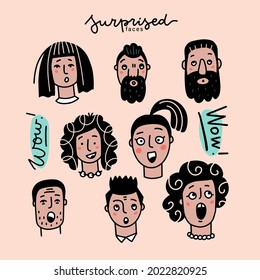 Überraschende Gesichter gesetzt. Mann und Frau Head mit Gesichtsausdruck mit erhöhten Augenbrauen und offener Mund . Vektorfarbdoodle-Illustration.