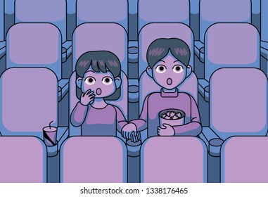 A surprised facial expression of a man and a woman sitting in a theater watching a movie. hand drawn style vector design illustrations.