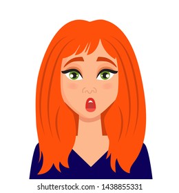 Surprised facial expression of woman with red hair. Female emotions. 
Cartoon character. Vector illustrator