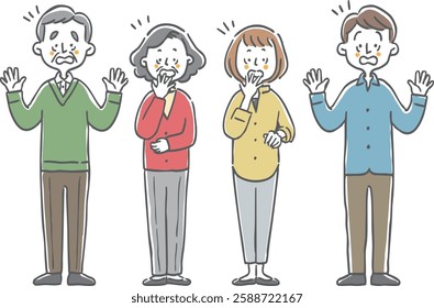 Surprised family, two generations, full body, vector